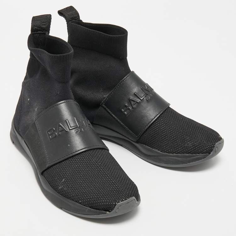 Pre Owned Balmain Black Fabric and Leather Cameron Sock Sneakers Size 38