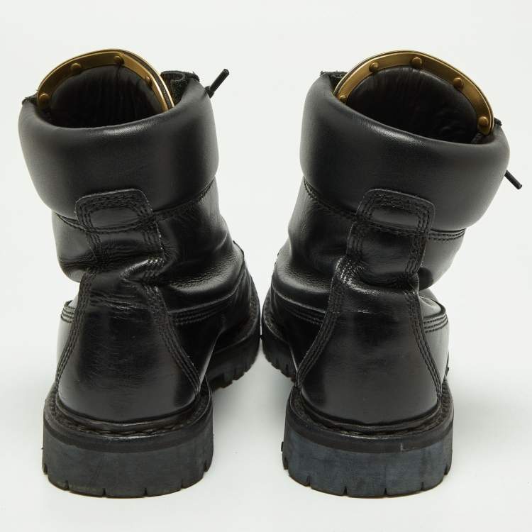 Pre Owned Balmain Black Leather Zip Front Combat Boots Size 38