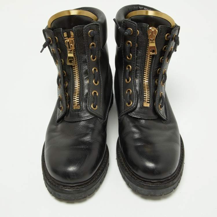Pre Owned Balmain Black Leather Zip Front Combat Boots Size 38