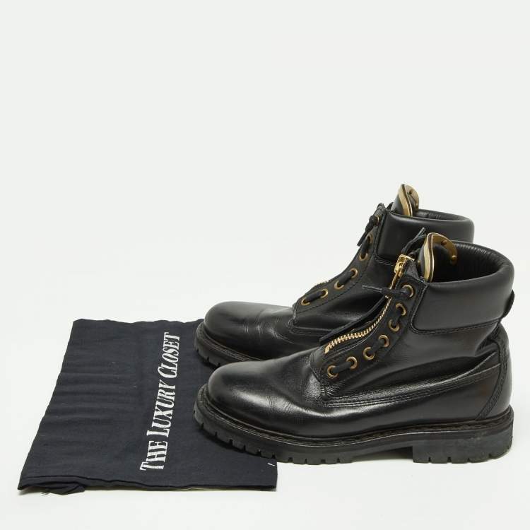 Pre Owned Balmain Black Leather Zip Front Combat Boots Size 38