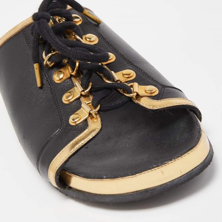 Pre Owned Balmain Black/Gold Leather Lace Up Slides Size 39