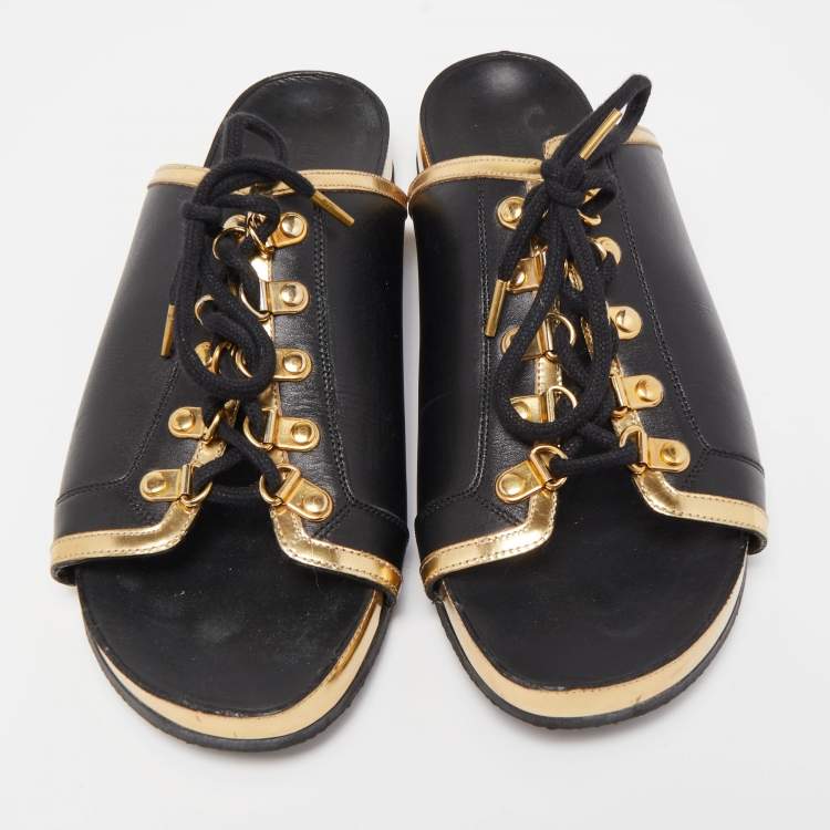 Pre Owned Balmain Black/Gold Leather Lace Up Slides Size 39
