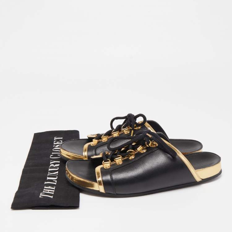 Pre Owned Balmain Black/Gold Leather Lace Up Slides Size 39