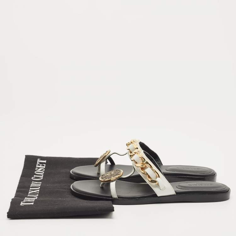 Pre Owned Balmain White Leather Chain-Link Accents Thong Flat Slides Size 37