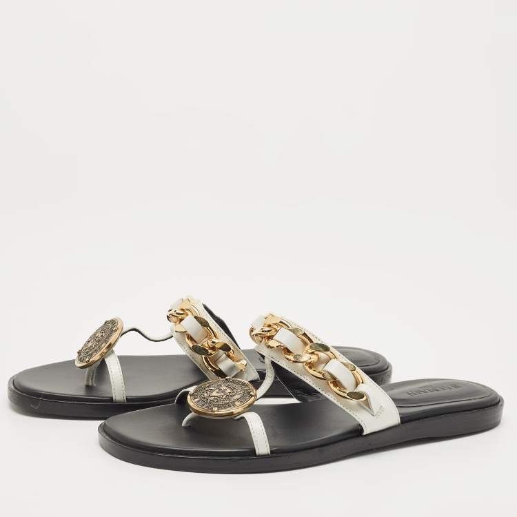Pre Owned Balmain White Leather Chain-Link Accents Thong Flat Slides Size 37