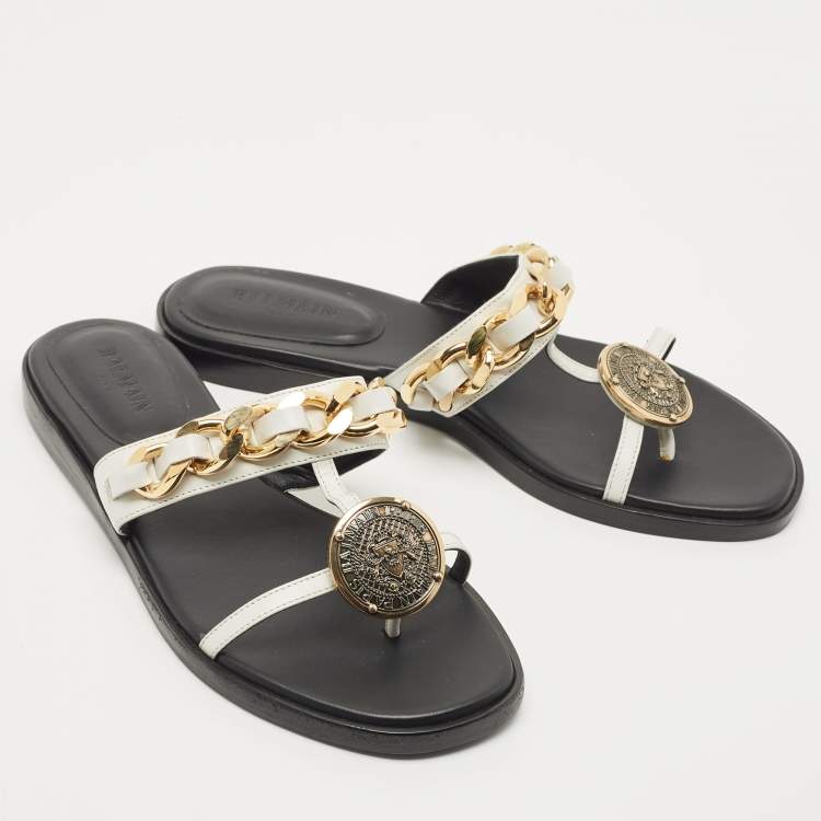 Pre Owned Balmain White Leather Chain-Link Accents Thong Flat Slides Size 37