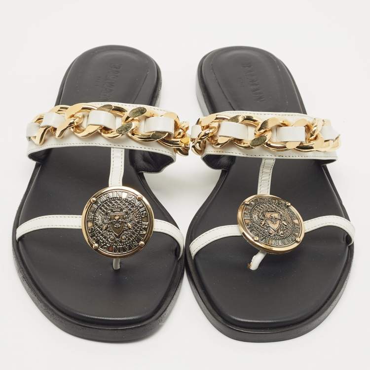 Pre Owned Balmain White Leather Chain-Link Accents Thong Flat Slides Size 37