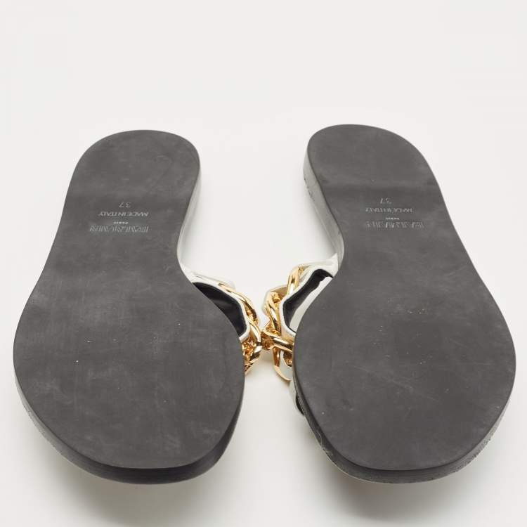 Pre Owned Balmain White Leather Chain-Link Accents Thong Flat Slides Size 37