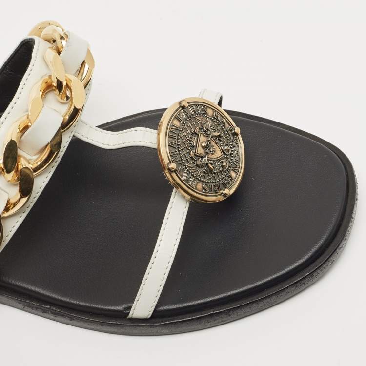 Pre Owned Balmain White Leather Chain-Link Accents Thong Flat Slides Size 37