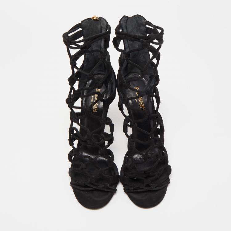 Pre Owned Balmain Black Suede Strappy Sandals Size 36