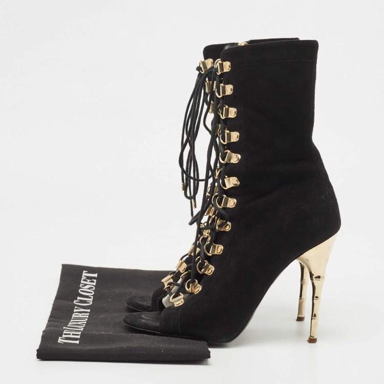 Pre Owned Balmain Black Suede Open Toe Lace Up Boots Size 36