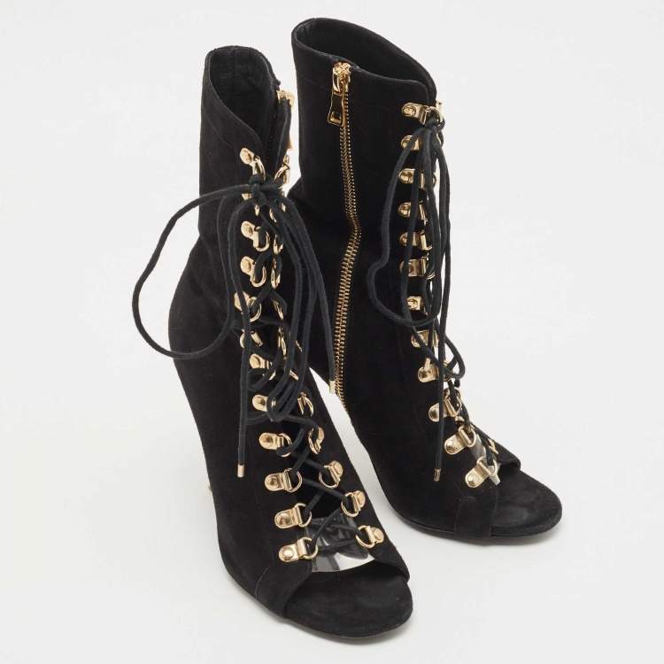 Pre Owned Balmain Black Suede Open Toe Lace Up Boots Size 36