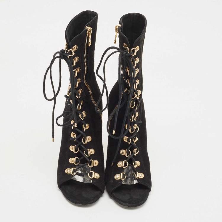 Pre Owned Balmain Black Suede Open Toe Lace Up Boots Size 36