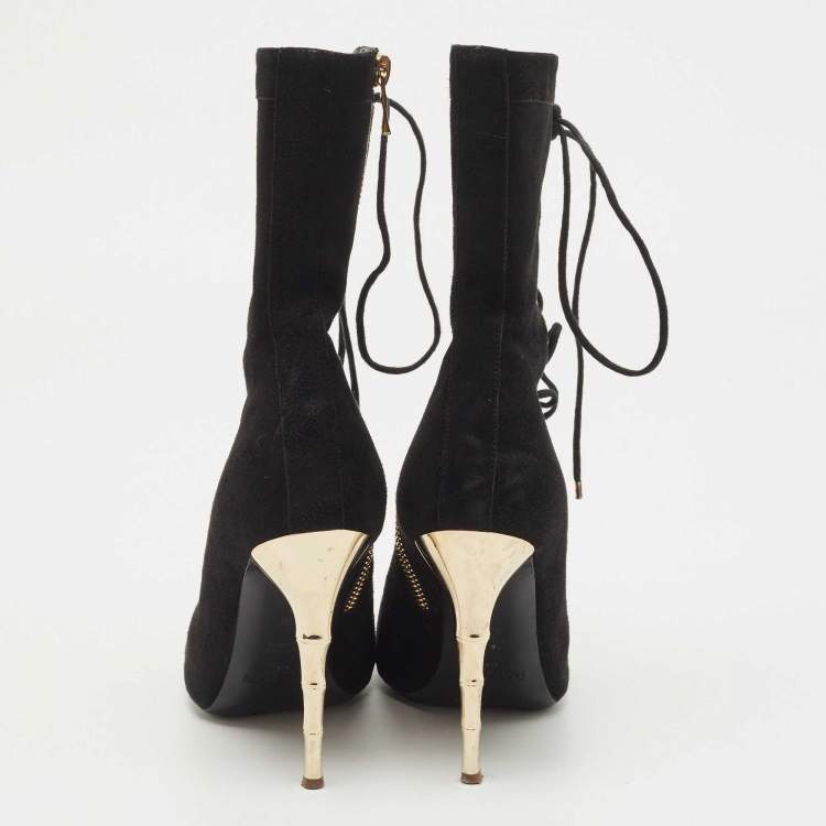Pre Owned Balmain Black Suede Open Toe Lace Up Boots Size 36