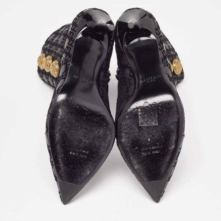 Pre Owned Balmain Black Logo Embossed Leather Roni Ankle Booties Size 36