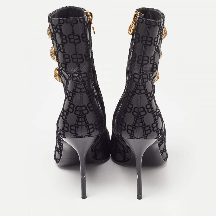 Pre Owned Balmain Black Logo Embossed Leather Roni Ankle Booties Size 36