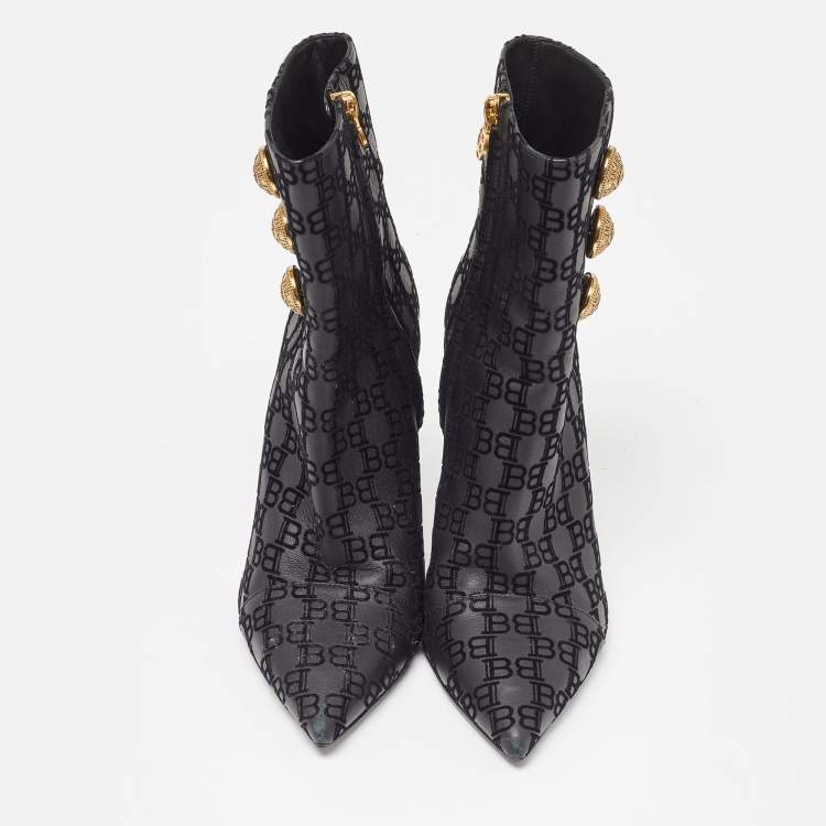 Pre Owned Balmain Black Logo Embossed Leather Roni Ankle Booties Size 36