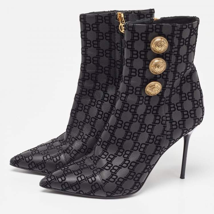 Pre Owned Balmain Black Logo Embossed Leather Roni Ankle Booties Size 36