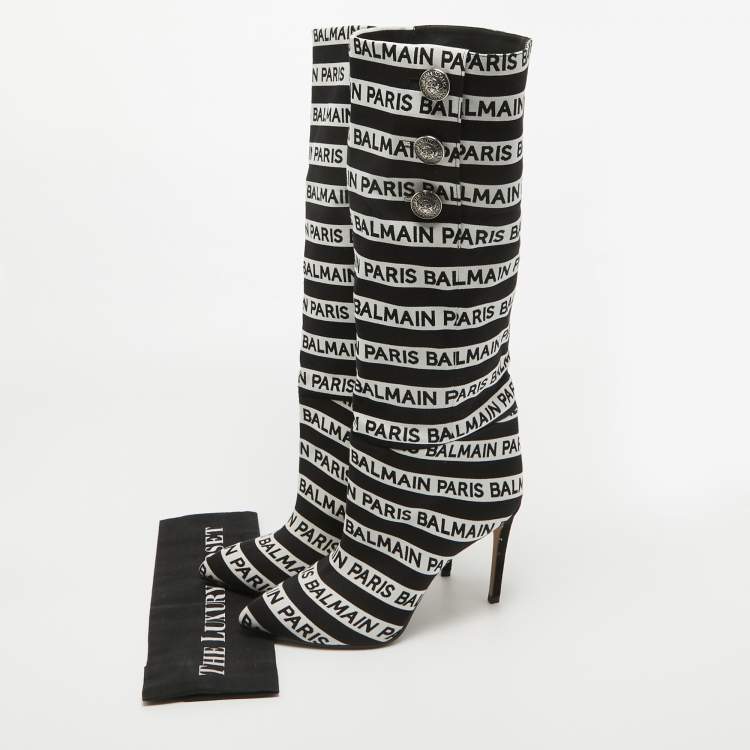 Pre Owned Balmain Black/White Canvas Knee Length Boots Size 39