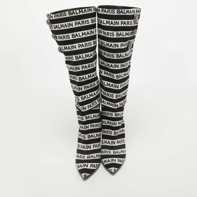 Pre Owned Balmain Black/White Canvas Knee Length Boots Size 39