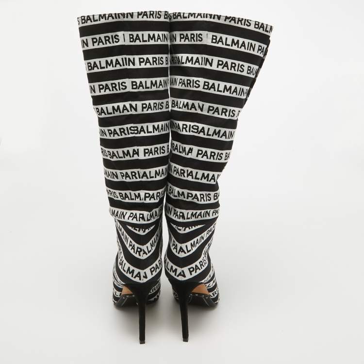 Pre Owned Balmain Black/White Canvas Knee Length Boots Size 39