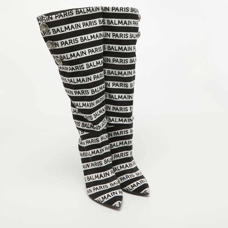 Pre Owned Balmain Black/White Canvas Knee Length Boots Size 39