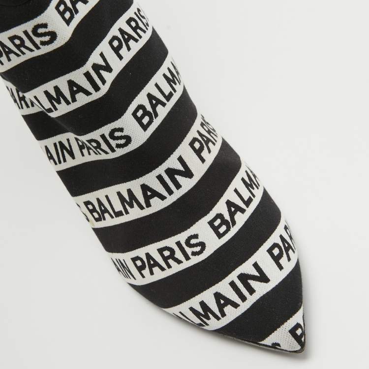 Pre Owned Balmain Black/White Canvas Knee Length Boots Size 39