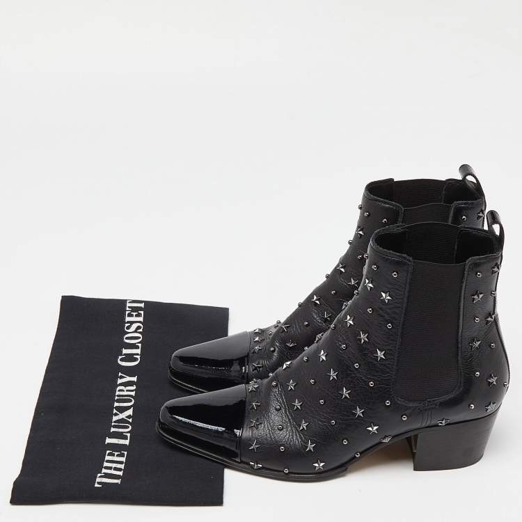 Pre Owned Balmain Black Leather and Patent Studded Ankle Boots Size 39
