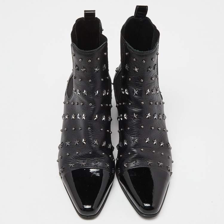 Pre Owned Balmain Black Leather and Patent Studded Ankle Boots Size 39
