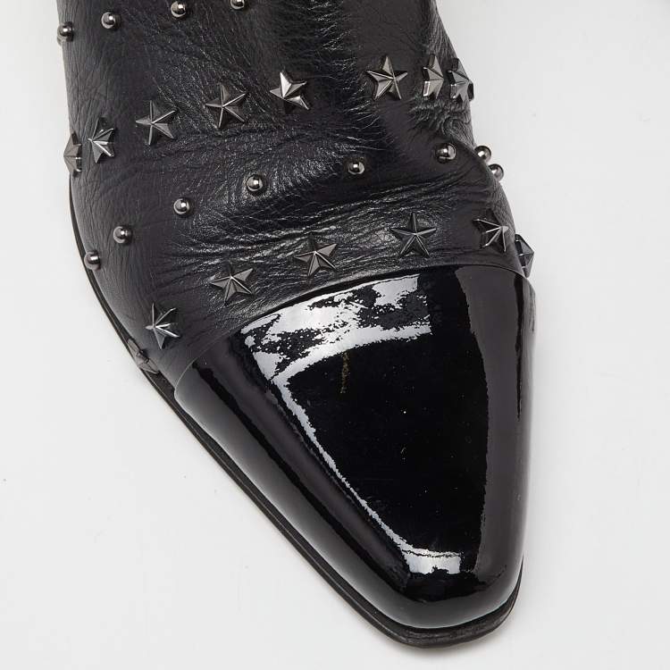 Pre Owned Balmain Black Leather and Patent Studded Ankle Boots Size 39