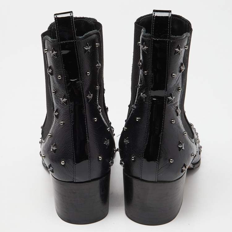 Pre Owned Balmain Black Leather and Patent Studded Ankle Boots Size 39