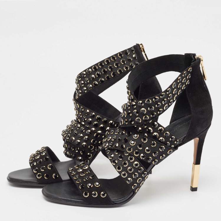 Pre Owned Balmain Black Rhinestone Embellished Sandals Size 39