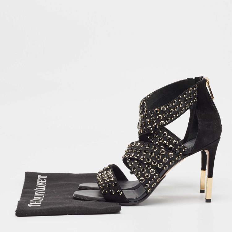 Pre Owned Balmain Black Rhinestone Embellished Sandals Size 39
