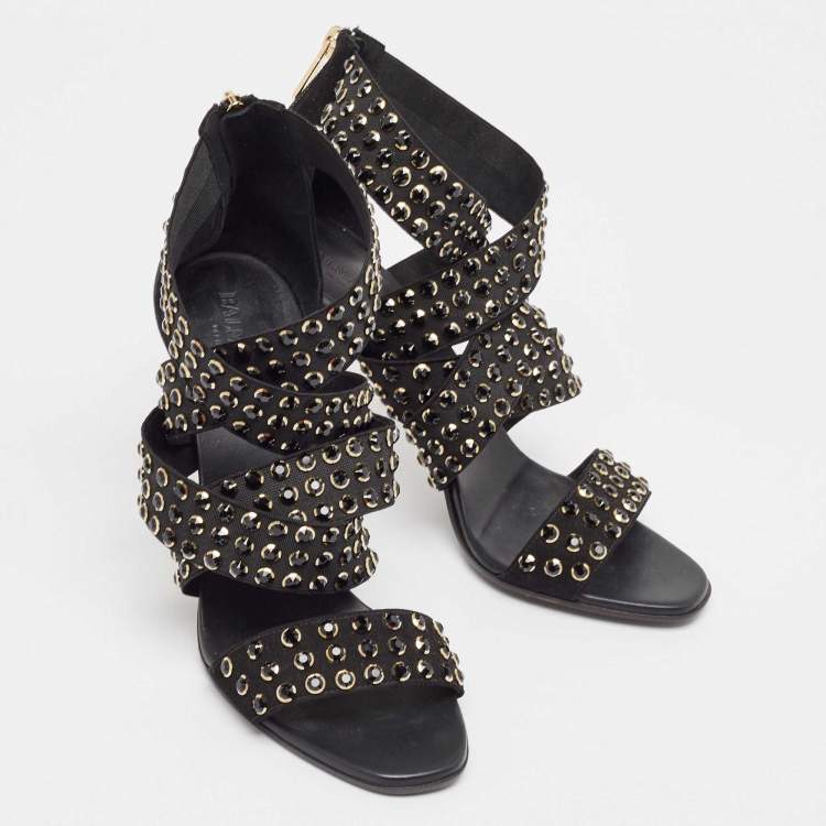 Pre Owned Balmain Black Rhinestone Embellished Sandals Size 39