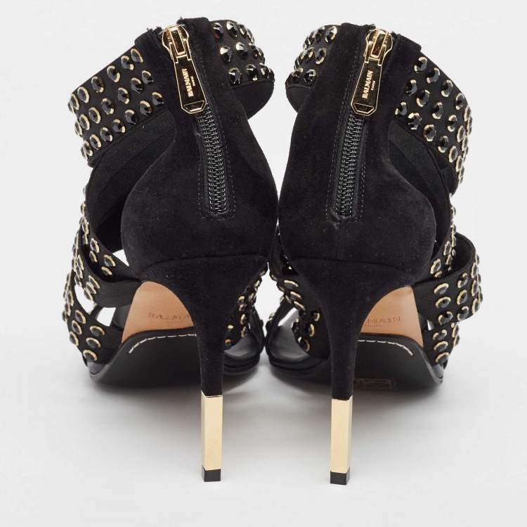 Pre Owned Balmain Black Rhinestone Embellished Sandals Size 39