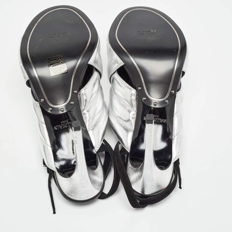 Pre Owned Balmain Silver/Black Quilted Leather and Suede Ankle Strap Sandals Size 40
