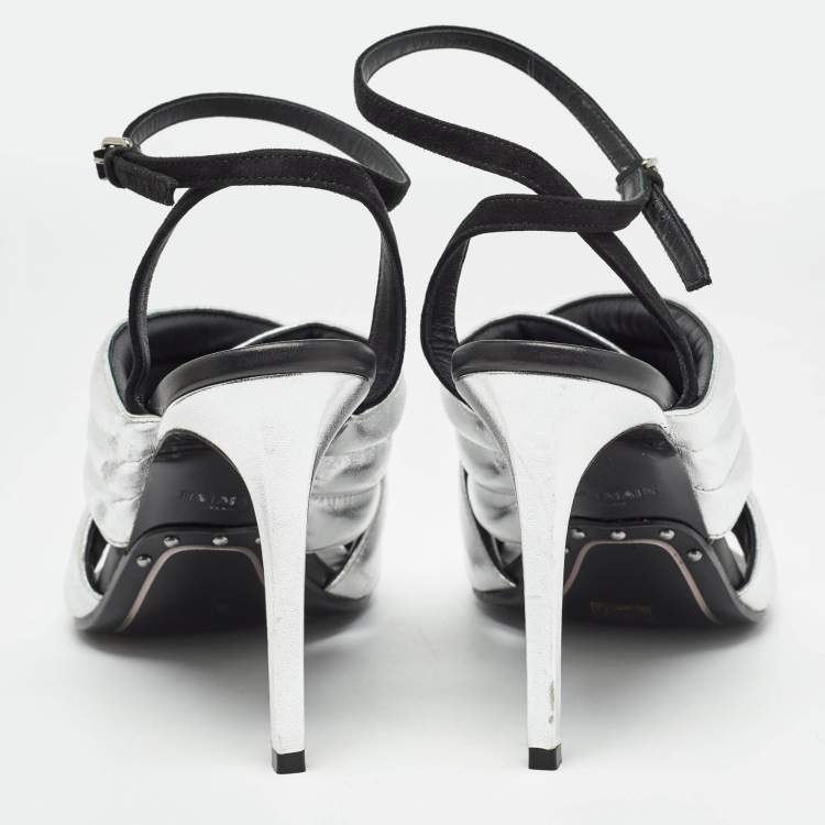 Pre Owned Balmain Silver/Black Quilted Leather and Suede Ankle Strap Sandals Size 40
