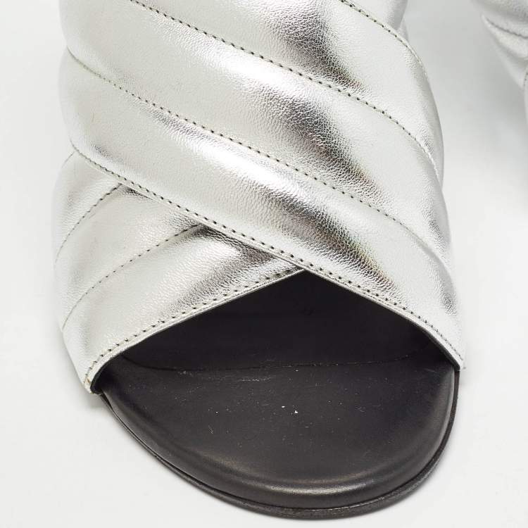 Pre Owned Balmain Silver/Black Quilted Leather and Suede Ankle Strap Sandals Size 40