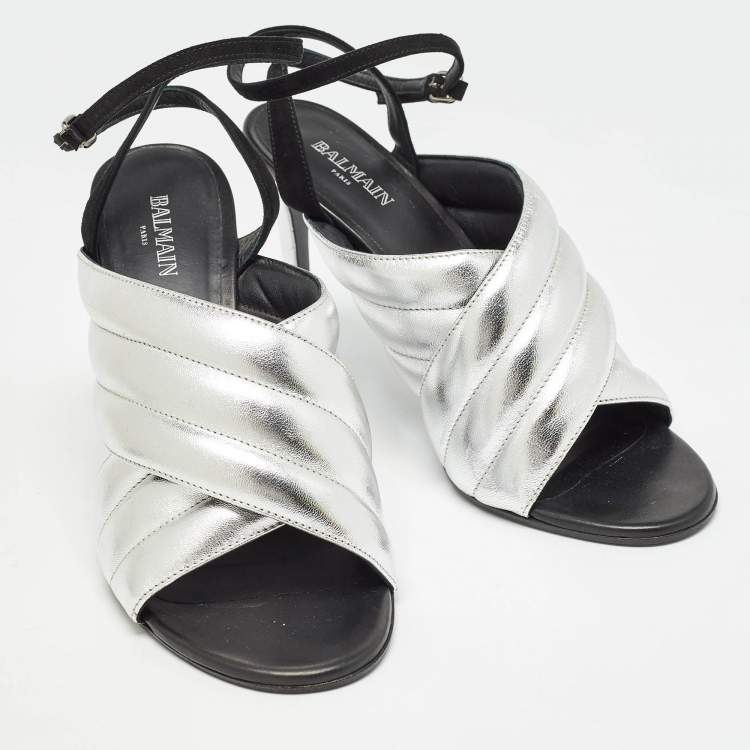 Pre Owned Balmain Silver/Black Quilted Leather and Suede Ankle Strap Sandals Size 40