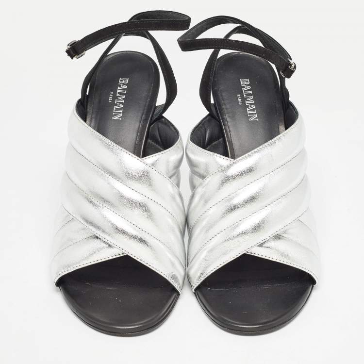 Pre Owned Balmain Silver/Black Quilted Leather and Suede Ankle Strap Sandals Size 40