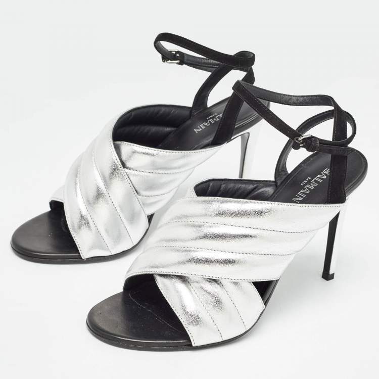 Pre Owned Balmain Silver/Black Quilted Leather and Suede Ankle Strap Sandals Size 40