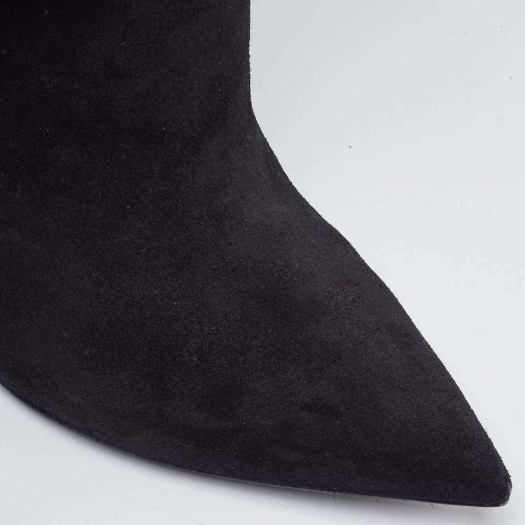 Pre Owned Balmain Black Suede Robin Embellished Knee Length Boots Size 36
