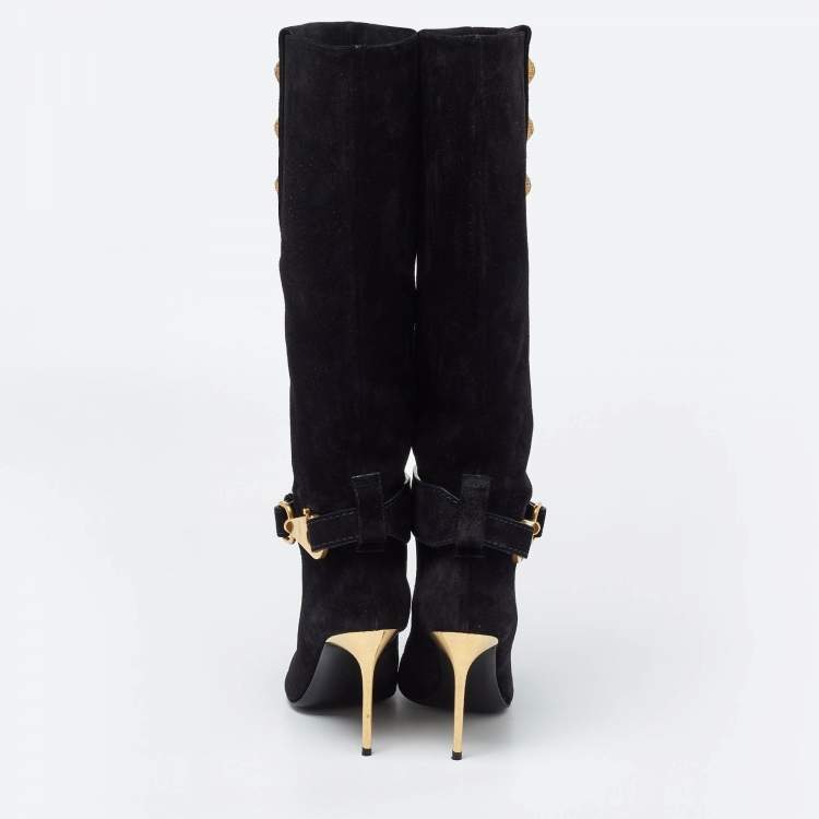 Pre Owned Balmain Black Suede Robin Embellished Knee Length Boots Size 36