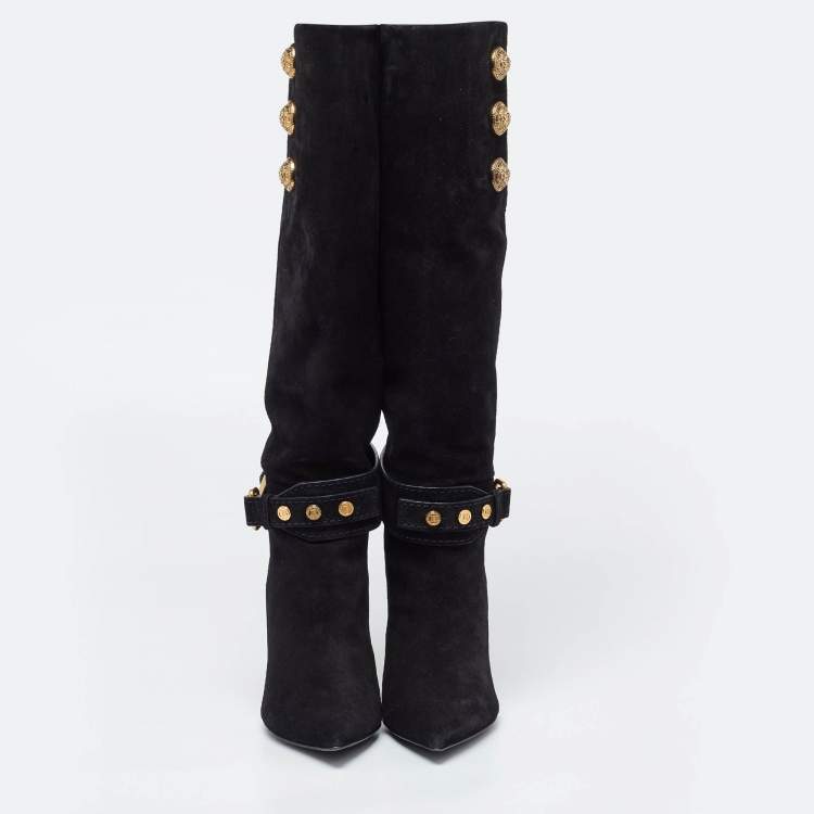 Pre Owned Balmain Black Suede Robin Embellished Knee Length Boots Size 36