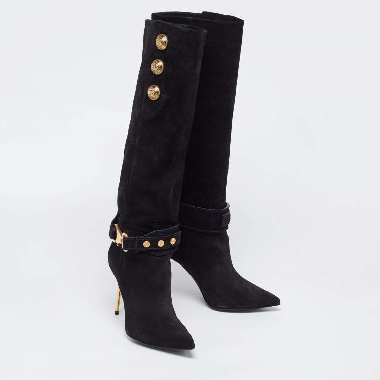 Pre Owned Balmain Black Suede Robin Embellished Knee Length Boots Size 36