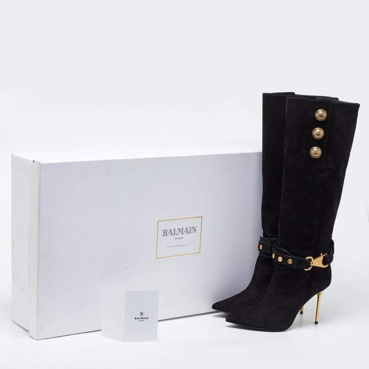Pre Owned Balmain Black Suede Robin Embellished Knee Length Boots Size 36