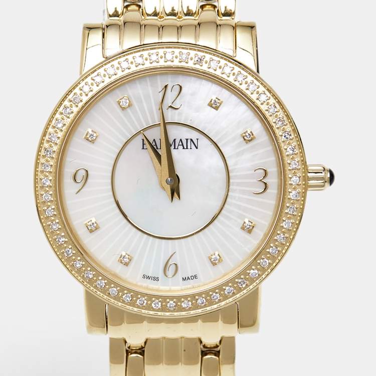 Pre Owned Balmain Mother of Pearl Yellow Gold Plated Stainless Steel Diamond Elegance Chic Mini B1693.33.84 Women's Wristwatch 29 mm
