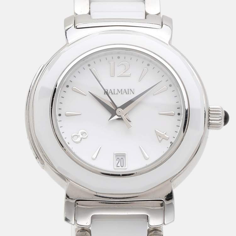 Pre Owned Balmain White Ceramic Stainless Steel B3896.33.22 Women's Wristwatch 29 mm