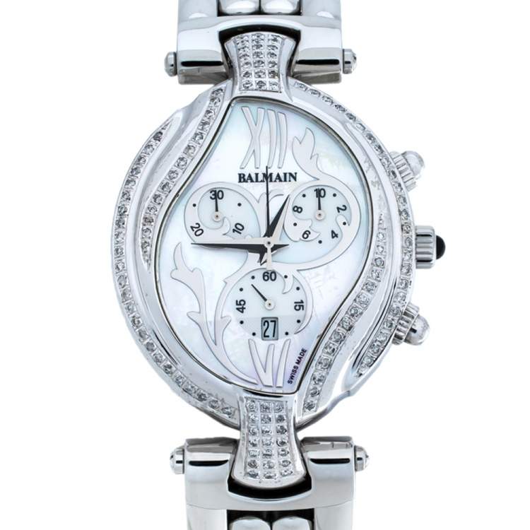 Pre Owned Balmain Mother Of Pearl Stainless Steel Diamond Excessive 5651 Women's Wristwatch 33 mm