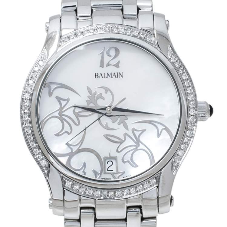 Pre Owned Balmain Mother Of Pearl Stainless Steel Diamond Fairy Arabesques 3751 Women's Wristwatch 34 mm